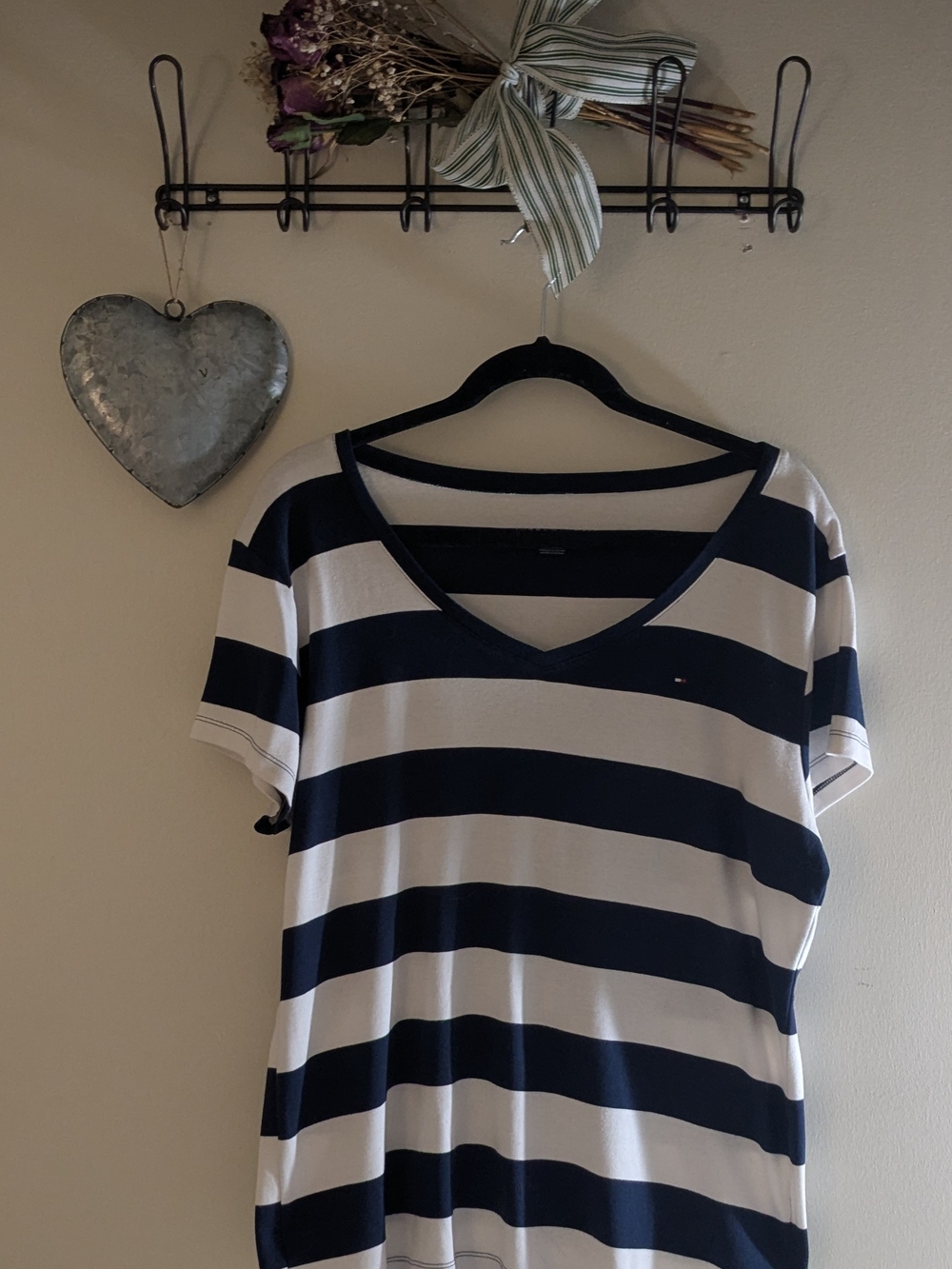 Tommy Hilfiger Navy & White Horizontal Stripe V-Neck Tee
